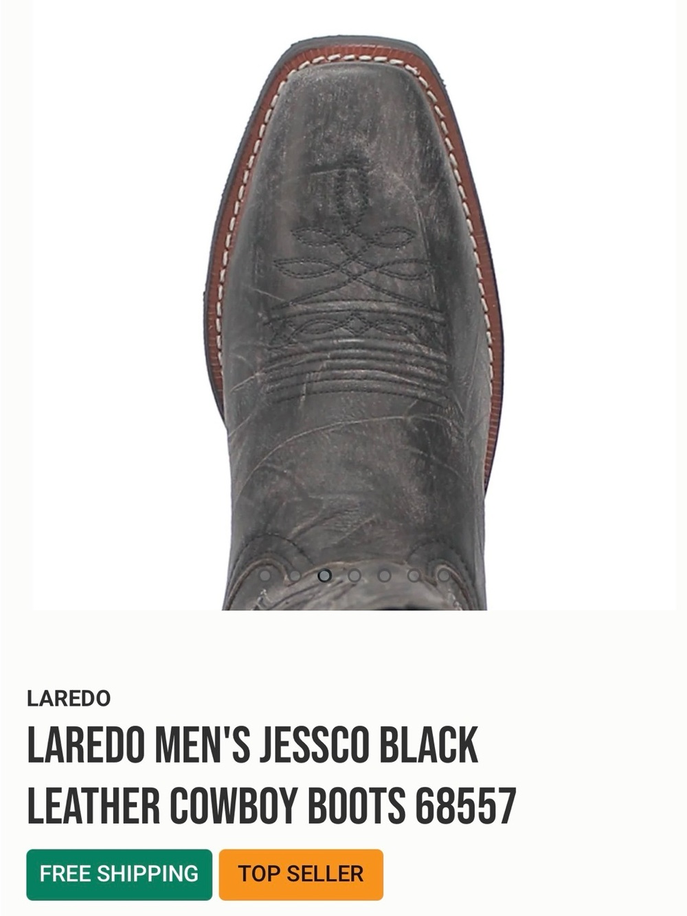 Laredo Men's Jessco Leather Square Toe Cowboy Boots - Sanded Black - 68557 Sz 9D - Picture 3 of 14